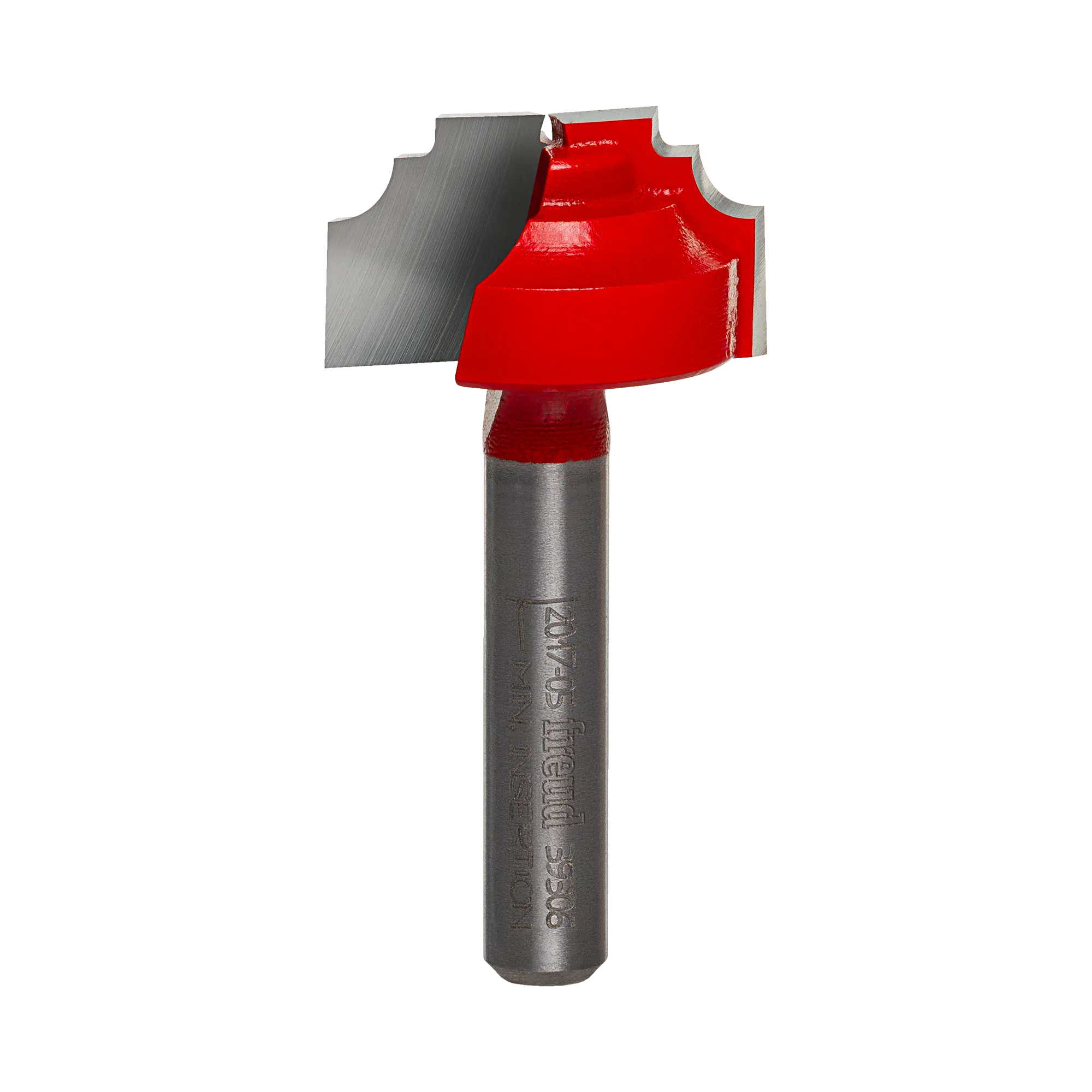 Studio shot of the Freud 39-306 Classical Beading Groove router bit featuring a red Perma-SHIELD body, two carbide cutters, and 1/4 inch silver shank.