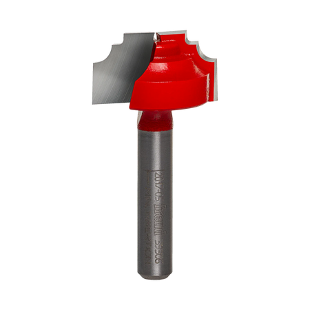 Studio shot of the Freud 39-306 Classical Beading Groove router bit featuring a red Perma-SHIELD body, two carbide cutters, and 1/4 inch silver shank.