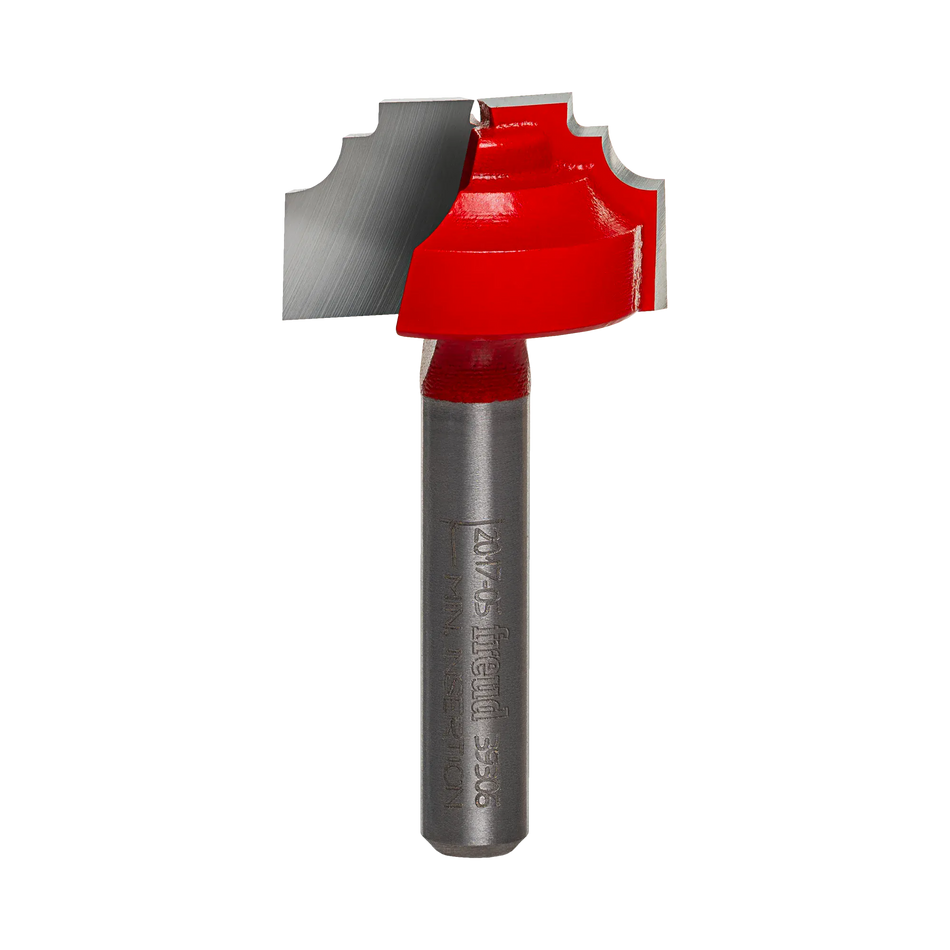 Studio shot of the Freud 39-306 Classical Beading Groove router bit featuring a red Perma-SHIELD body, two carbide cutters, and 1/4 inch silver shank.