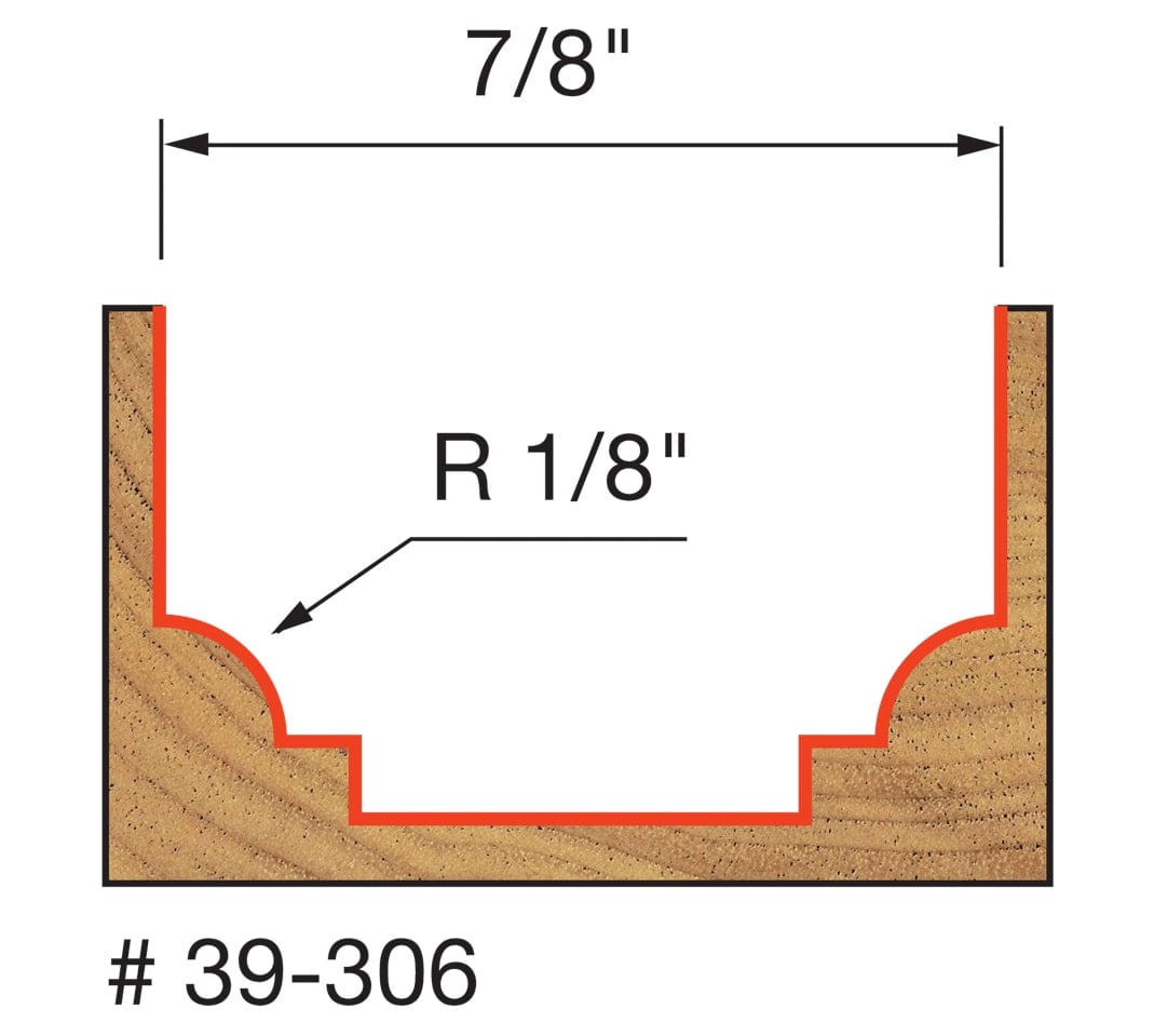 Technical profile diagram illustrating the Classical Beading Groove shape cut into a wood surface by the Freud 39-306 bit, specifying a 1/8 inch radius and 7/8 inch width.