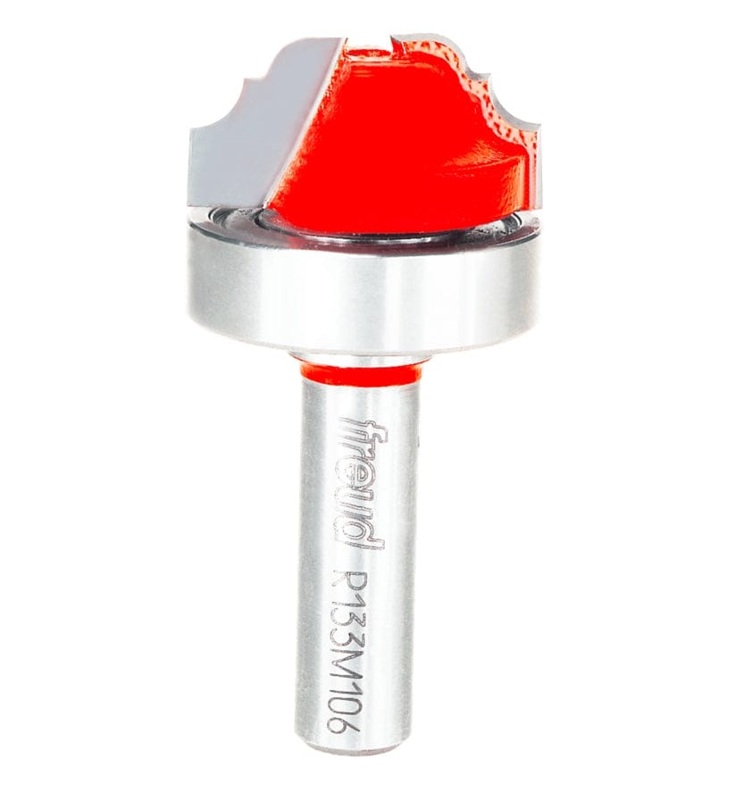 A studio product photograph of the Freud 39-504 Cove and Bead Groove router bit featuring a red Perma-SHIELD body, top-mounted silver ball bearing, and specialized carbide cutters on a 3/8 inch shank.