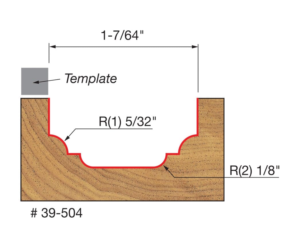 A technical profile diagram for the Freud 39-504 bit illustrating a decorative cove and bead groove cut into wood, specifying a 1-7/64 inch width and multiple radii, with a grey template box indicating guide placement.