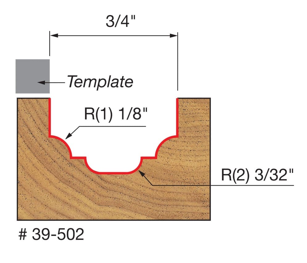 Technical profile diagram illustrating the decorative cove and bead groove cut into wood by the Freud 39-502 bit, showing the top-mounted template guide.