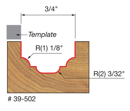 Technical profile diagram illustrating the decorative cove and bead groove cut into wood by the Freud 39-502 bit, showing the top-mounted template guide.