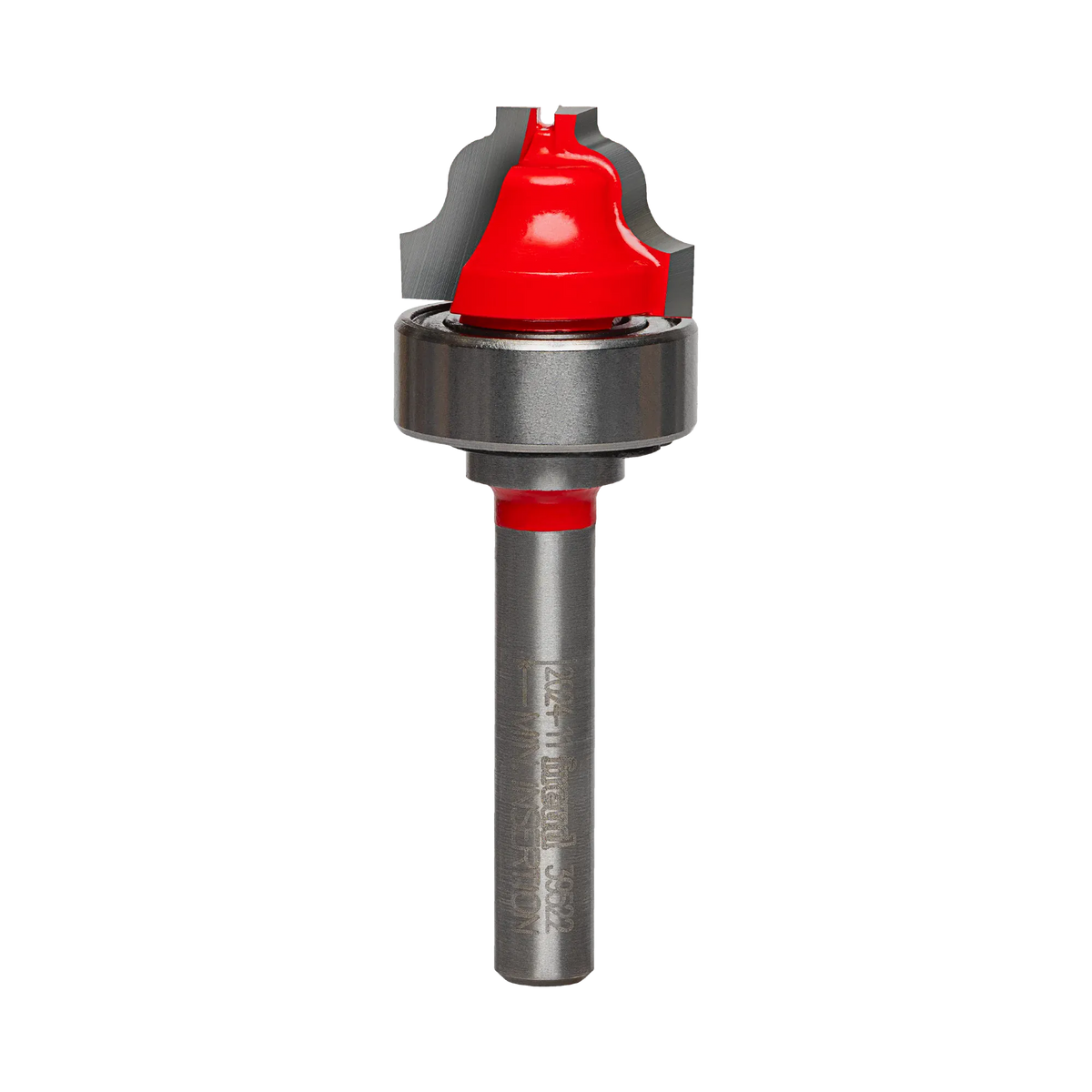 Studio shot of the Freud 39-522 Top Bearing Ogee Fillet Groove router bit featuring a red Perma-SHIELD body, two carbide cutters, 1/4 inch silver shank, and a top-mounted ball bearing.