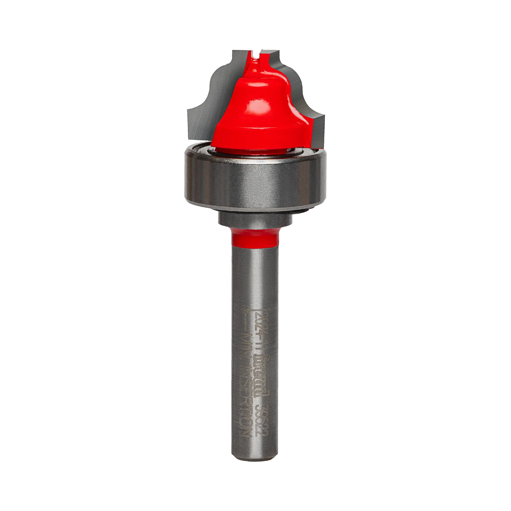 Studio shot of the Freud 39-522 Top Bearing Ogee Fillet Groove router bit featuring a red Perma-SHIELD body, two carbide cutters, 1/4 inch silver shank, and a top-mounted ball bearing.