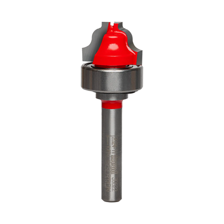 Studio shot of the Freud 39-522 Top Bearing Ogee Fillet Groove router bit featuring a red Perma-SHIELD body, two carbide cutters, 1/4 inch silver shank, and a top-mounted ball bearing.