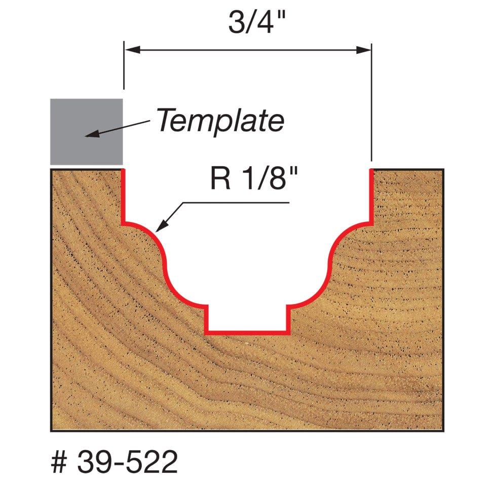 Technical profile diagram illustrating the Ogee Fillet Groove shape cut into a wood surface by the Freud 39-522 bit, showing the top bearing riding against a template guide with a 1/8 inch radius and 3/4 inch width.