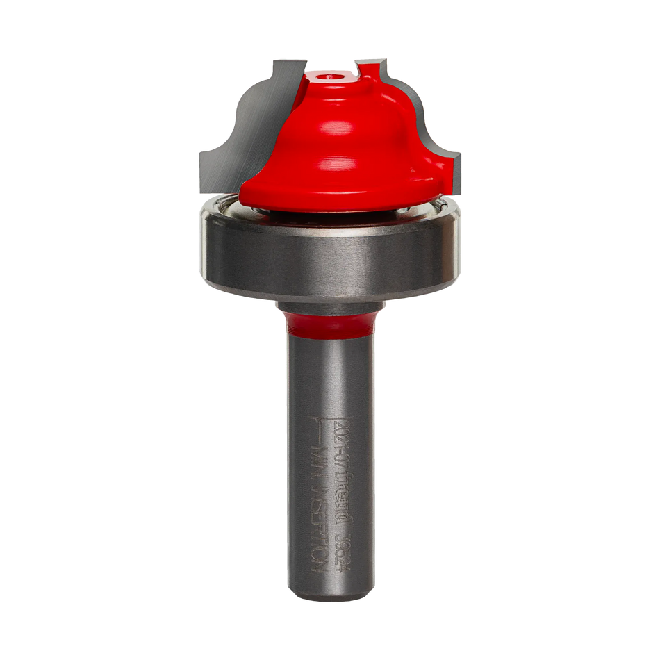 A studio product photograph of the Freud 39-524 Ogee Fillet Groove router bit featuring a red Perma-SHIELD body, a top-mounted silver ball bearing pilot, and TiCo carbide cutters on a 3/8 inch silver shank.