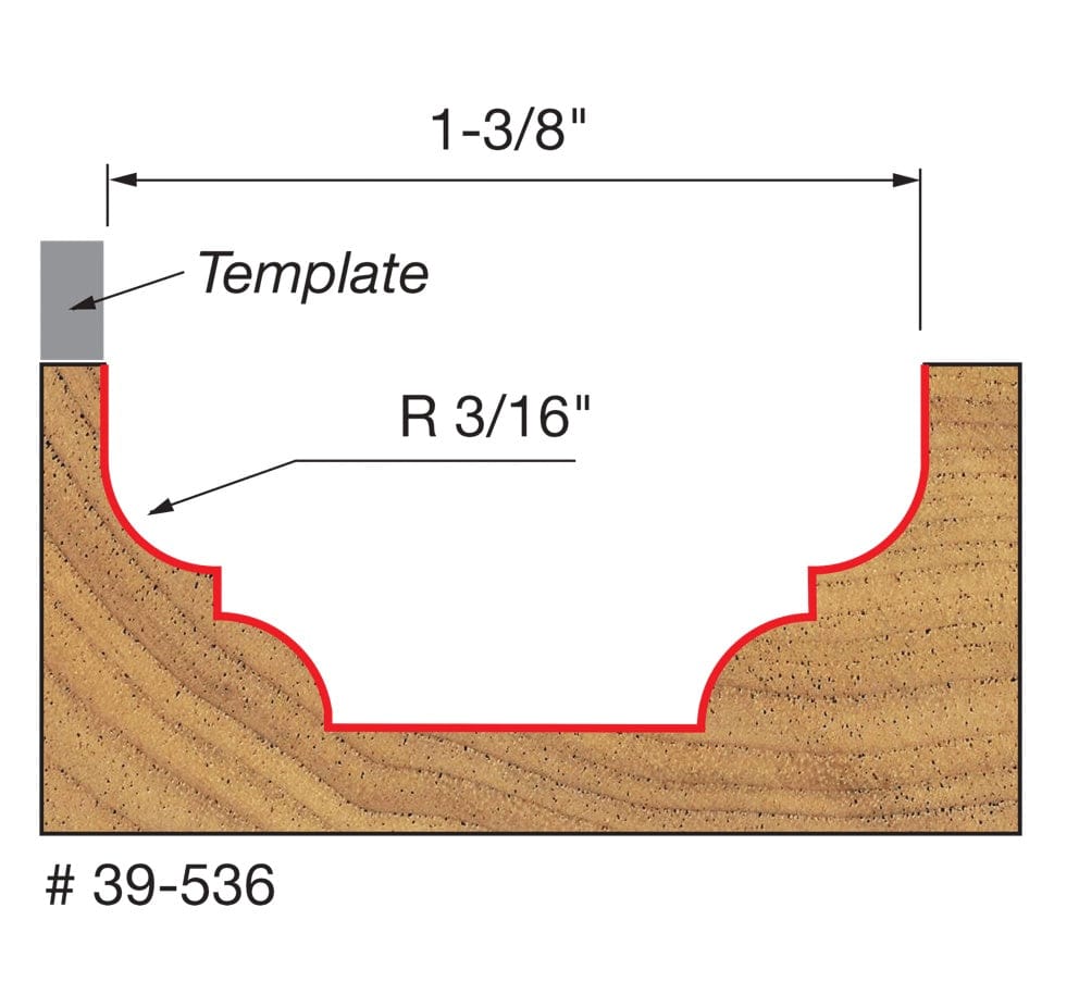 A technical profile diagram for the Freud 39-536 bit illustrating a decorative cove and bead groove cut into wood, specifying a 1-3/8 inch width and a 3/16 inch radius, with a grey template box indicating guide placement.