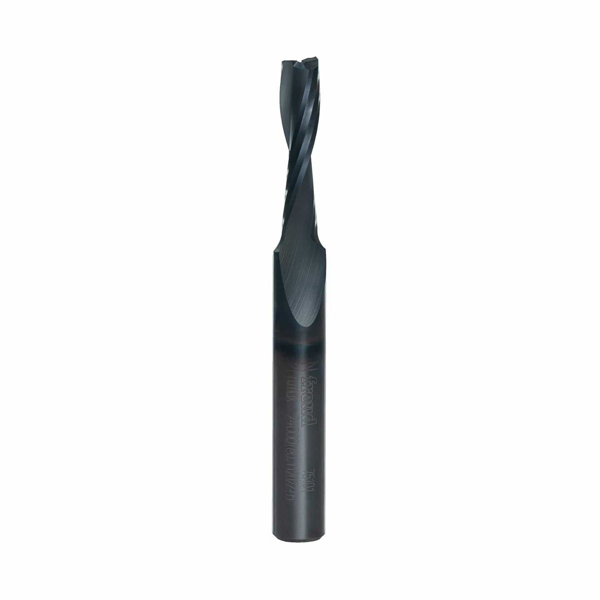 Close-up product photo of the Freud 75-101 Up Spiral router bit with a black coating, highlighting its spiral flute design and the 1/4 inch shank.