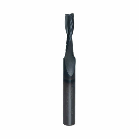 Close-up product photo of the Freud 75-101 Up Spiral router bit with a black coating, highlighting its spiral flute design and the 1/4 inch shank.