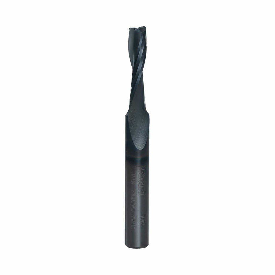 Close-up product photo of the Freud 75-101 Up Spiral router bit with a black coating, highlighting its spiral flute design and the 1/4 inch shank.