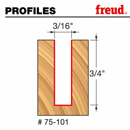 Profile diagram for the Freud 75-101 router bit showing a 3/16 inch diameter plunge cut into wood. The cut depth is labeled 3/4 inch. This illustrates the straight groove the bit is designed to create.