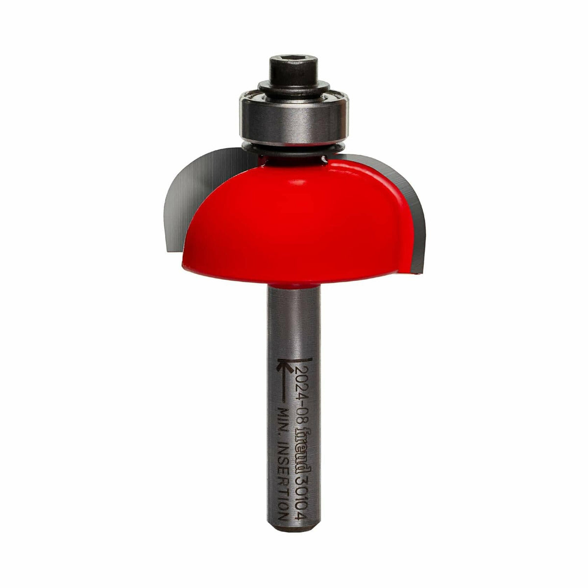 A studio image of the Freud 30-104 cove router bit, showing its red carbide head, 1/2-inch bearing, and 1/4-inch shank.