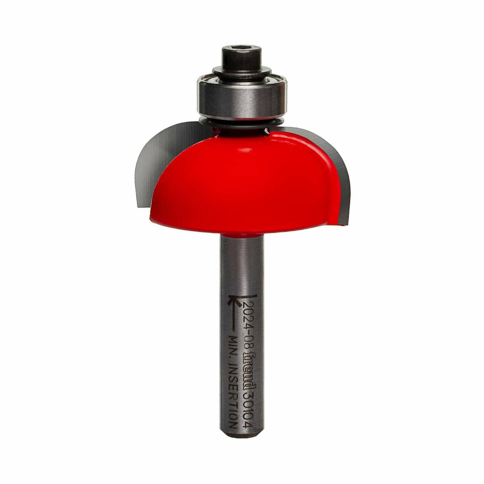 A studio image of the Freud 30-104 cove router bit, showing its red carbide head, 1/2-inch bearing, and 1/4-inch shank.