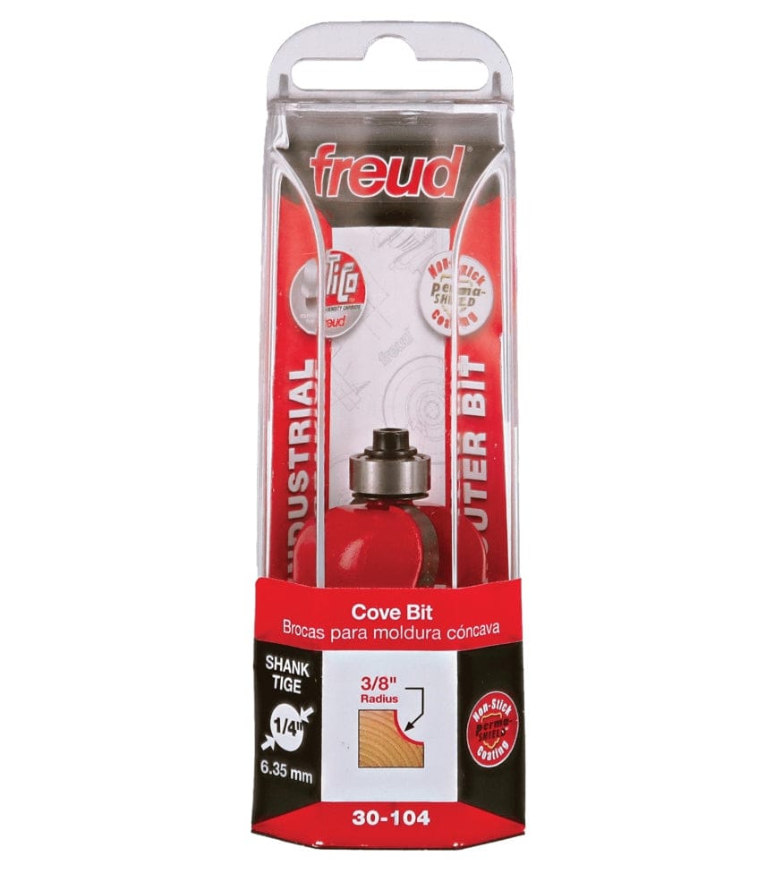 The Freud 30-104 cove bit in its clear and red retail packaging, showing the 3/8-inch radius and 1/4-inch shank size.
