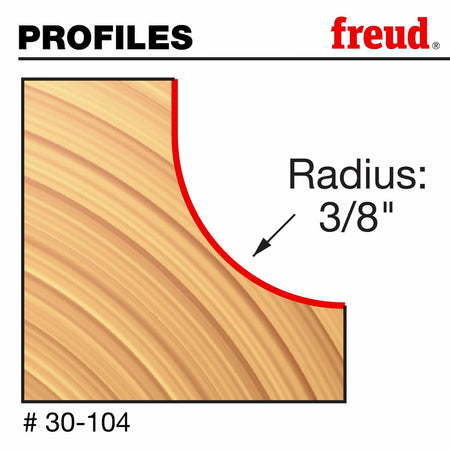 A technical profile diagram for the Freud 30-104 bit, showing the 3/8-inch radius concave curve it cuts into a piece of wood.