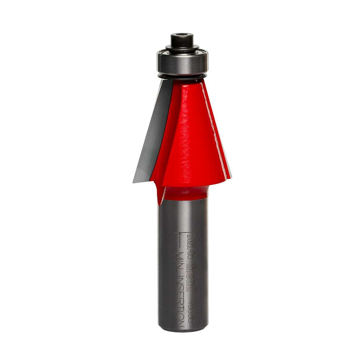Studio shot of the Freud 40-098 15-Degree Chamfer router bit featuring a red Perma-SHIELD body, two carbide cutters, 1/2 inch silver shank, and top ball bearing guide.