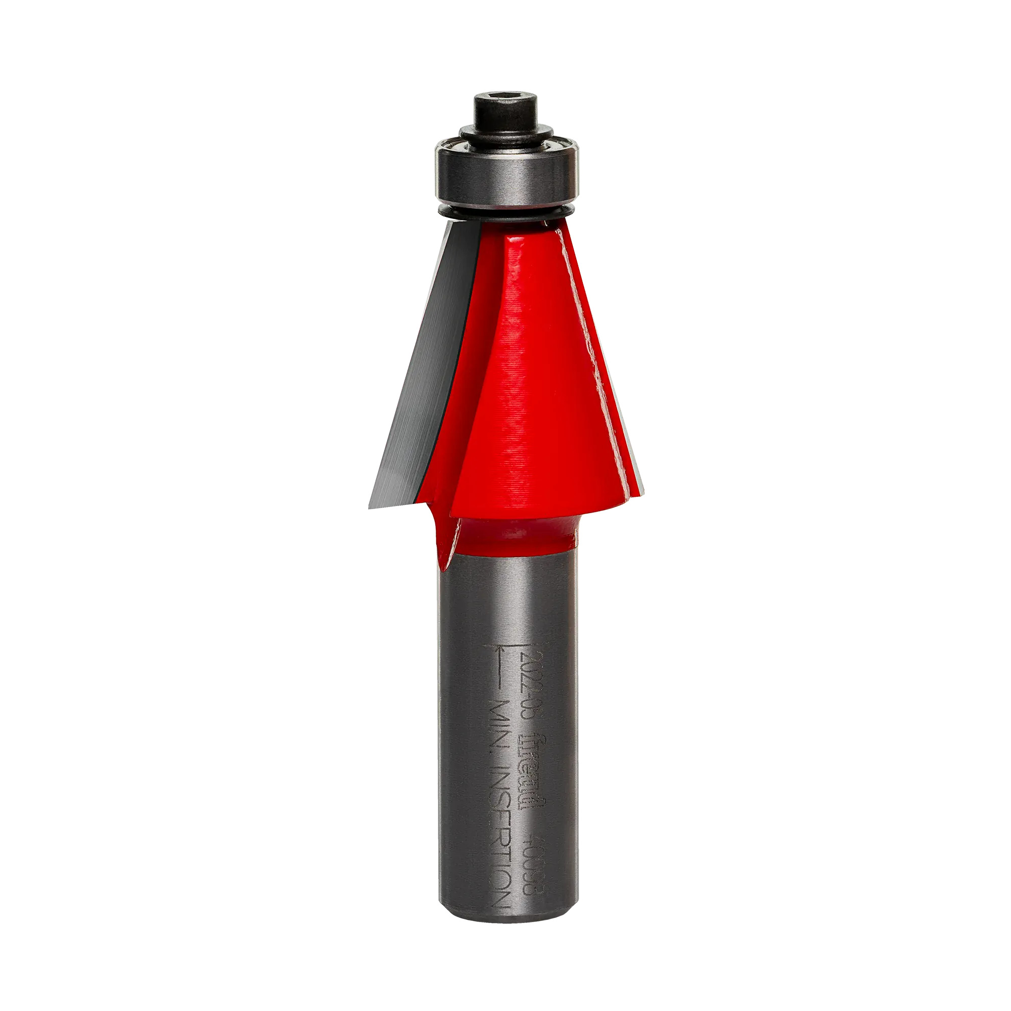 Studio shot of the Freud 40-098 15-Degree Chamfer router bit featuring a red Perma-SHIELD body, two carbide cutters, 1/2 inch silver shank, and top ball bearing guide.