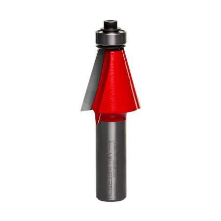 Studio shot of the Freud 40-098 15-Degree Chamfer router bit featuring a red Perma-SHIELD body, two carbide cutters, 1/2 inch silver shank, and top ball bearing guide.