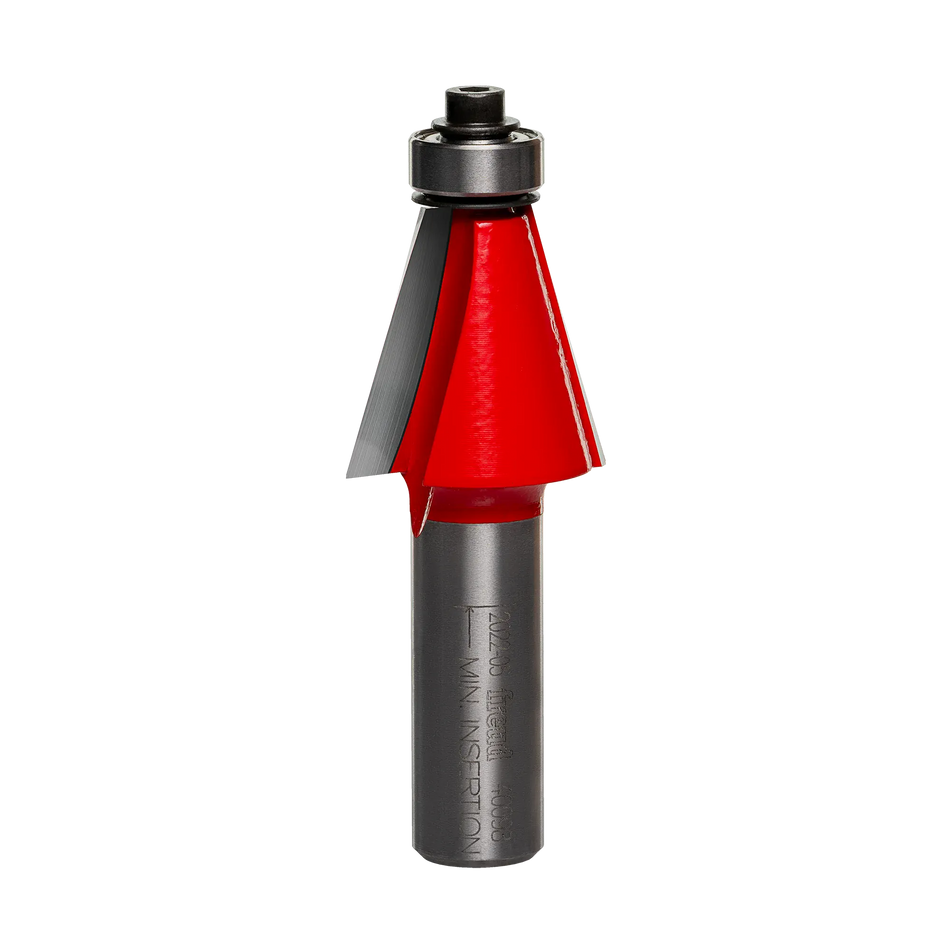 Studio shot of the Freud 40-098 15-Degree Chamfer router bit featuring a red Perma-SHIELD body, two carbide cutters, 1/2 inch silver shank, and top ball bearing guide.