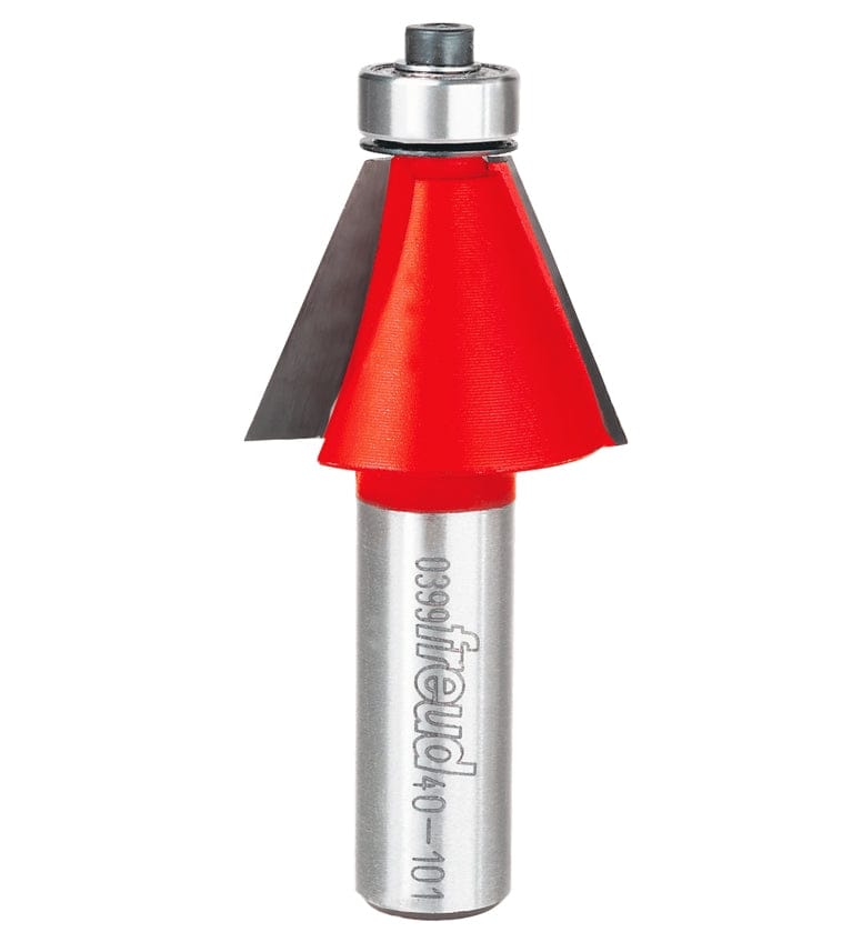 Studio shot of the Freud 40-101 22-1/2 Degree Chamfer router bit featuring a red Perma-SHIELD body, two carbide cutters, 1/2 inch silver shank, and top ball bearing guide.