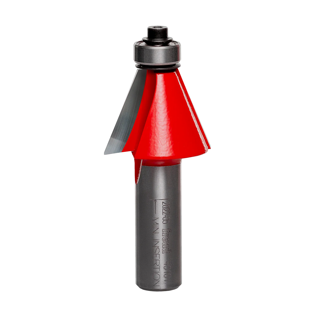 Studio shot of the Freud 40-101 22-1/2 Degree Chamfer router bit featuring a red Perma-SHIELD body, two carbide cutters, 1/2 inch silver shank, and top ball bearing guide.
