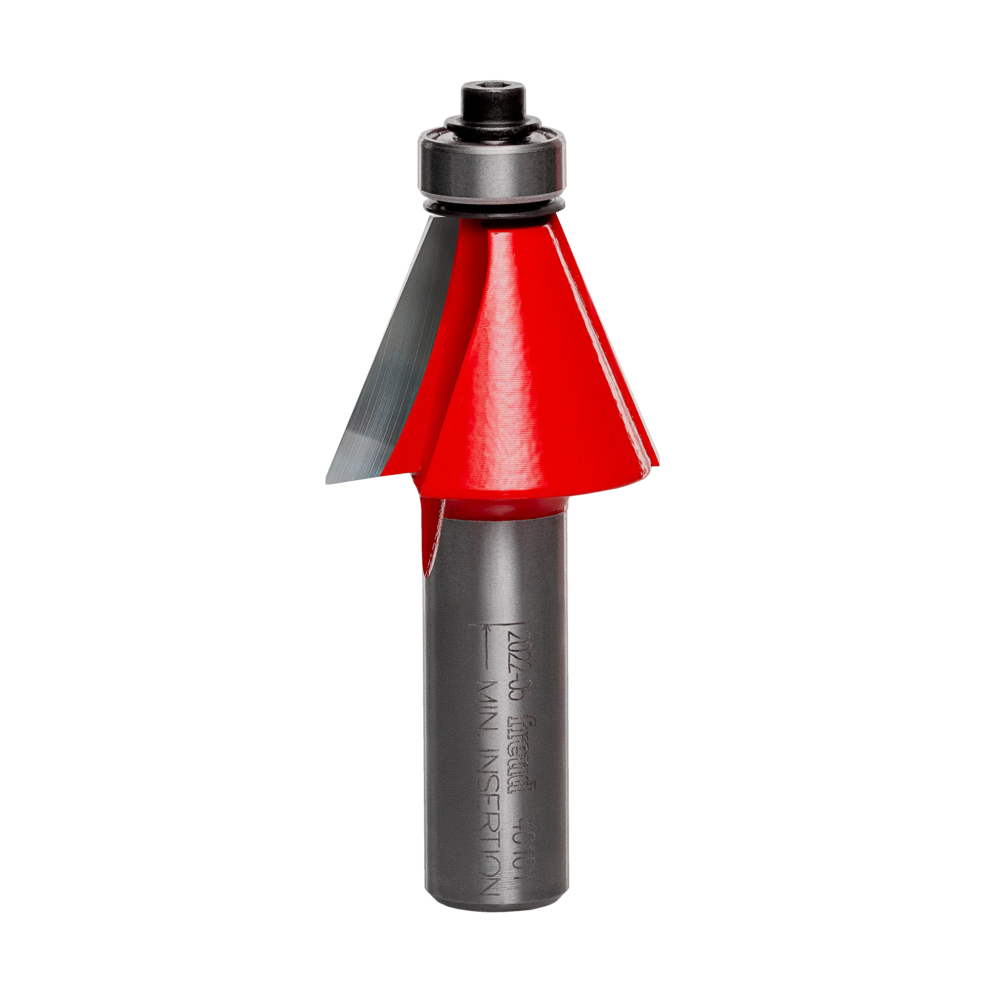 Studio shot of the Freud 40-101 22-1/2 Degree Chamfer router bit featuring a red Perma-SHIELD body, two carbide cutters, 1/2 inch silver shank, and top ball bearing guide.