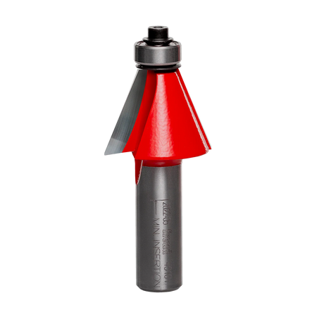 Studio shot of the Freud 40-101 22-1/2 Degree Chamfer router bit featuring a red Perma-SHIELD body, two carbide cutters, 1/2 inch silver shank, and top ball bearing guide.