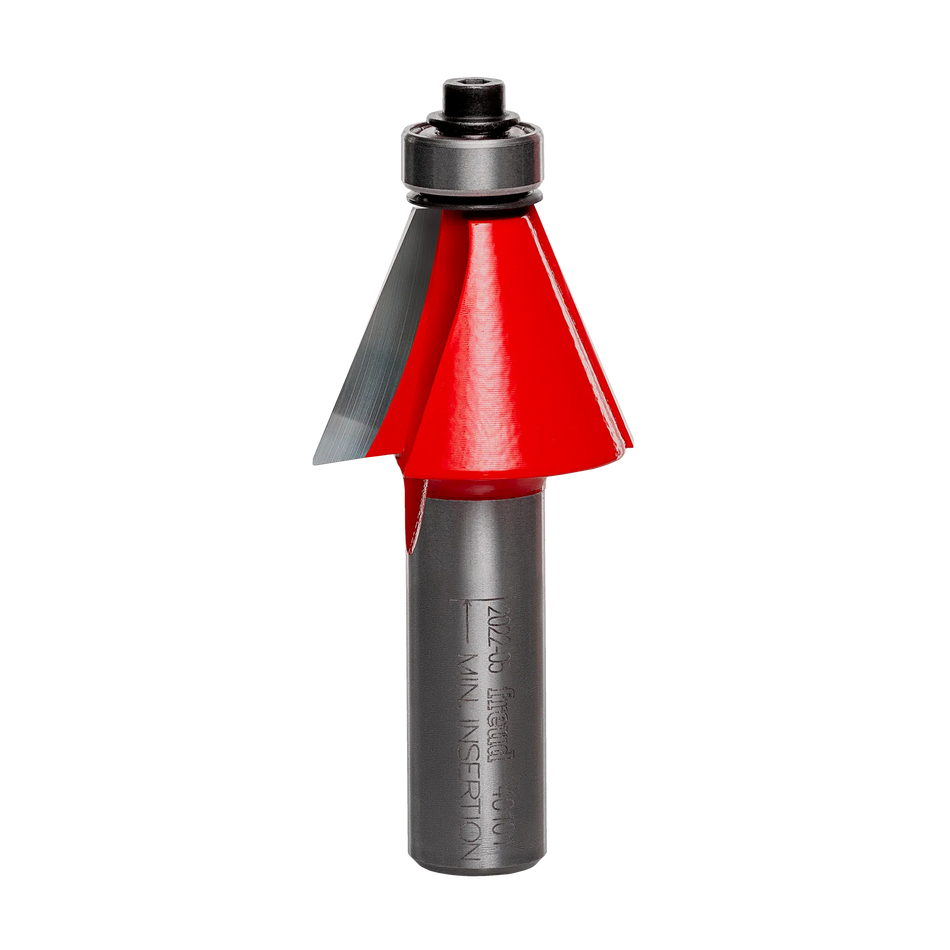 Studio shot of the Freud 40-101 22-1/2 Degree Chamfer router bit featuring a red Perma-SHIELD body, two carbide cutters, 1/2 inch silver shank, and top ball bearing guide.