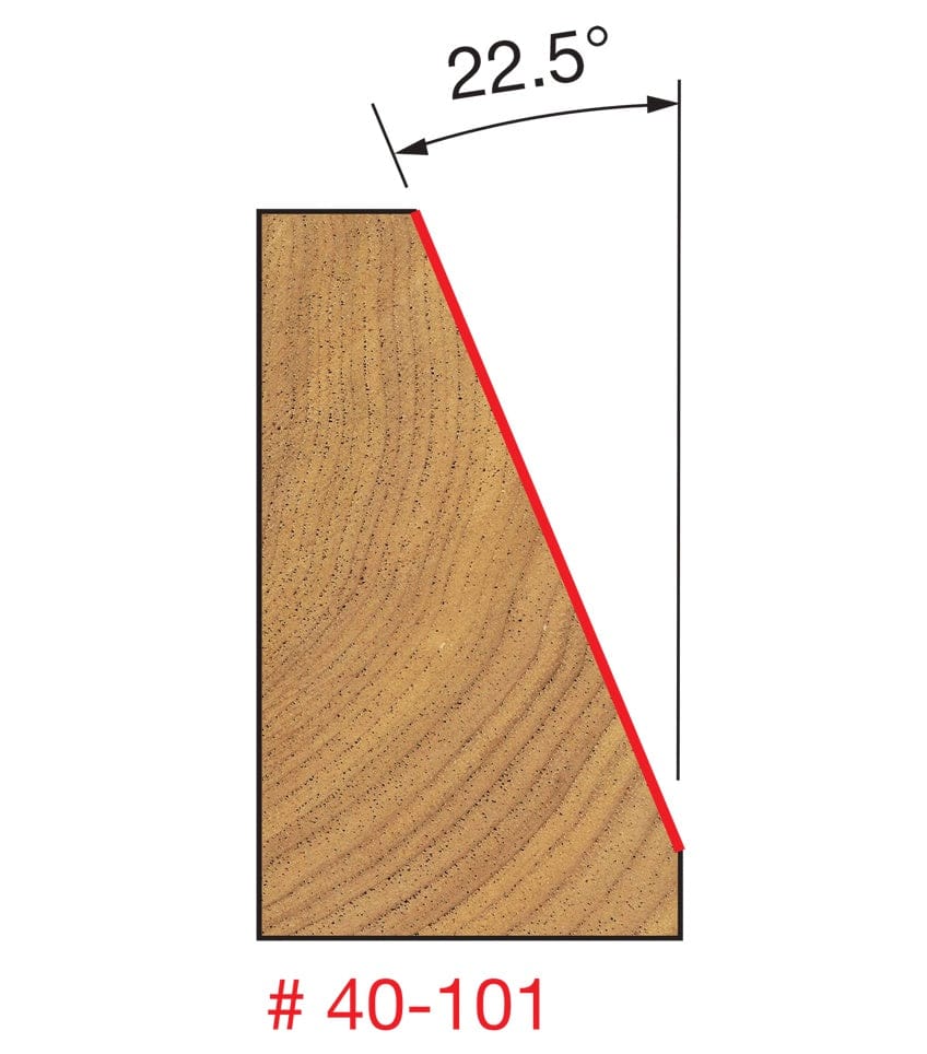 Technical profile diagram illustrating the 22-1/2 degree Chamfer shape cut into a wood edge by the Freud 40-101 bit, specifying a 22.5-degree angle off vertical.