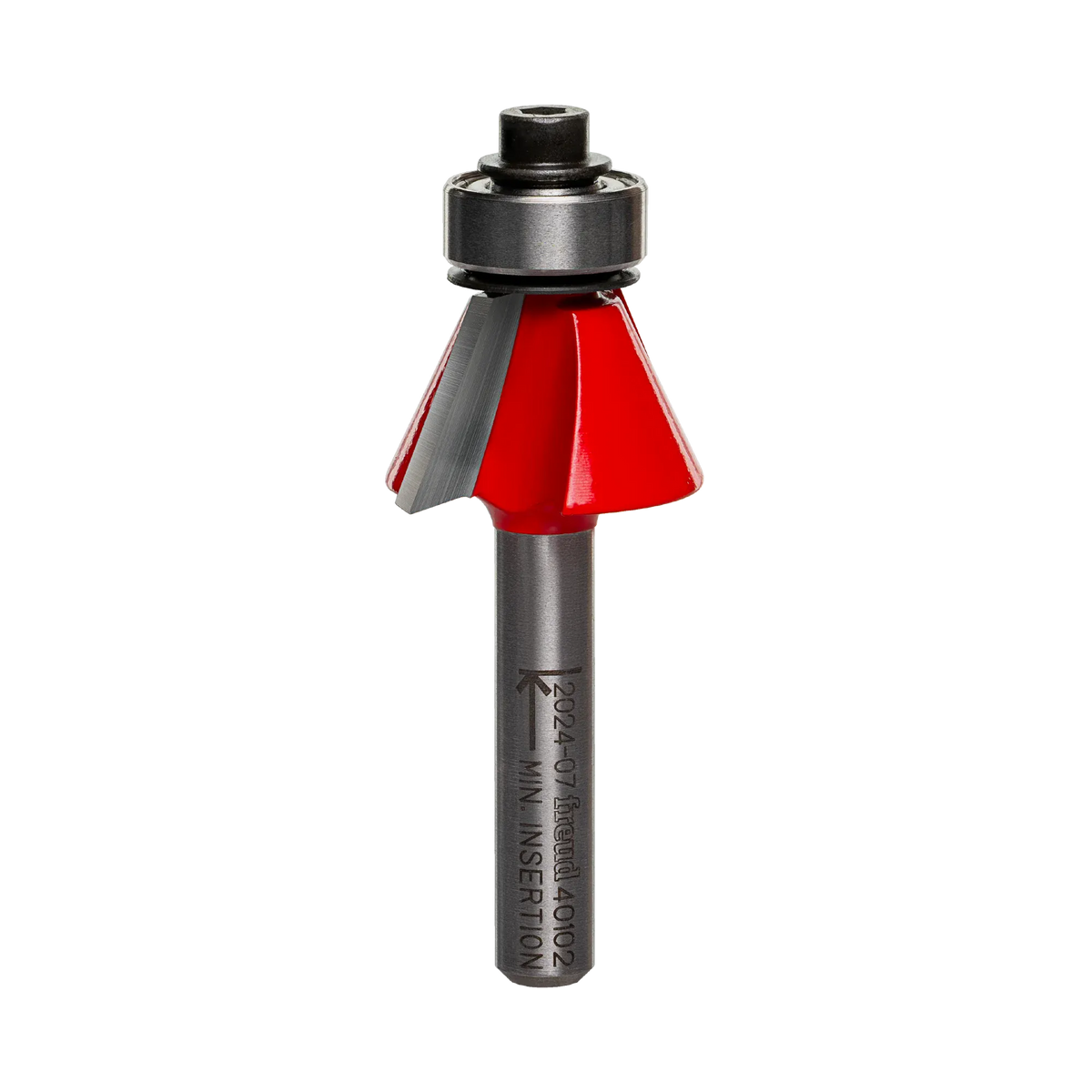 A side-profile view of the Freud 40-102 25-degree carbide chamfer bit against a white background, highlighting the precision-ground dual cutting edges and the top-mounted ball-bearing guide.