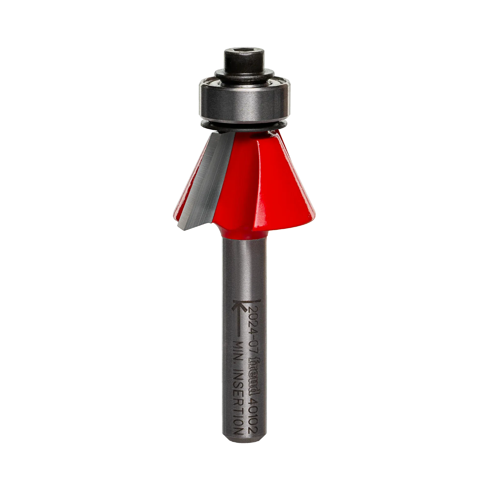 A side-profile view of the Freud 40-102 25-degree carbide chamfer bit against a white background, highlighting the precision-ground dual cutting edges and the top-mounted ball-bearing guide.