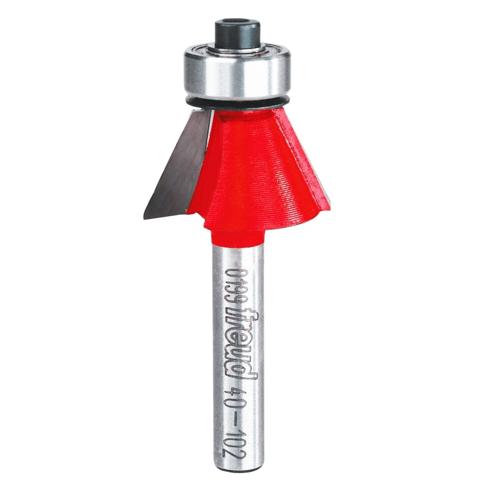 A side-profile view of the Freud 40-102 25-degree carbide chamfer bit against a white background, highlighting the precision-ground dual cutting edges and the top-mounted ball-bearing guide.