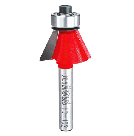 A side-profile view of the Freud 40-102 25-degree carbide chamfer bit against a white background, highlighting the precision-ground dual cutting edges and the top-mounted ball-bearing guide.