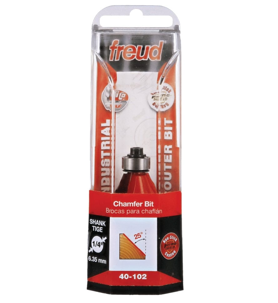Retail clamshell packaging for the Freud 40-102 industrial chamfer bit, displaying the 25-degree angle, 15/16-inch diameter, and 1/4-inch shank size for professional woodworking and joinery.