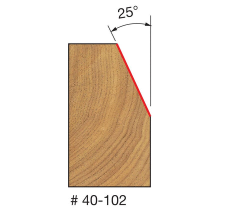 A technical profile diagram for the Freud 40-102 bit, illustrating a precise 25-degree angular bevel cut on the edge of a wood workpiece.