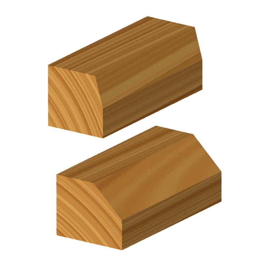 An application infographic showing two examples of the precise geometric bevel cuts achievable with a Freud chamfer router bit on wooden boards.