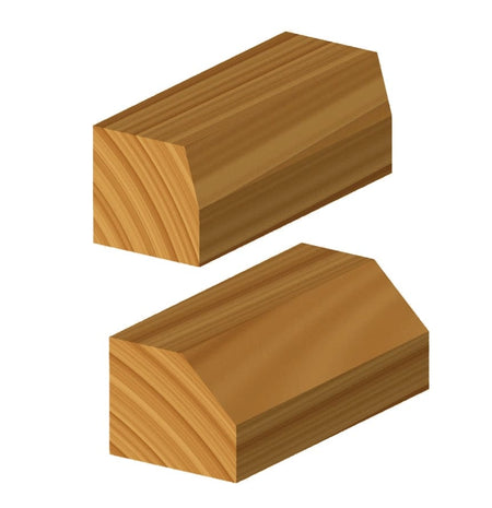 An application infographic showing two examples of the precise geometric bevel cuts achievable with a Freud chamfer router bit on wooden boards.