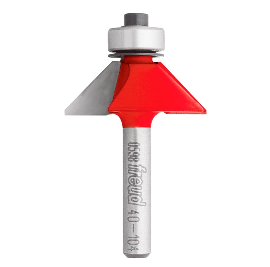 Studio shot of the Freud 40-104 45-Degree Chamfer router bit featuring a red Perma-SHIELD body, two carbide cutters, 1/4 inch silver shank, and top ball bearing guide.