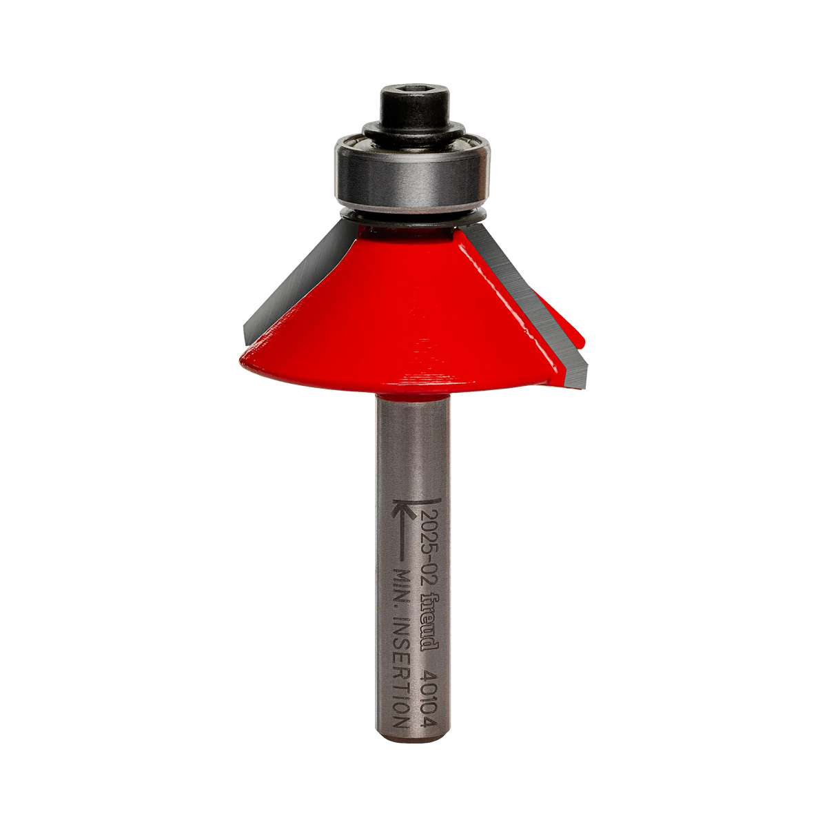 Studio shot of the Freud 40-104 45-Degree Chamfer router bit featuring a red Perma-SHIELD body, two carbide cutters, 1/4 inch silver shank, and top ball bearing guide.