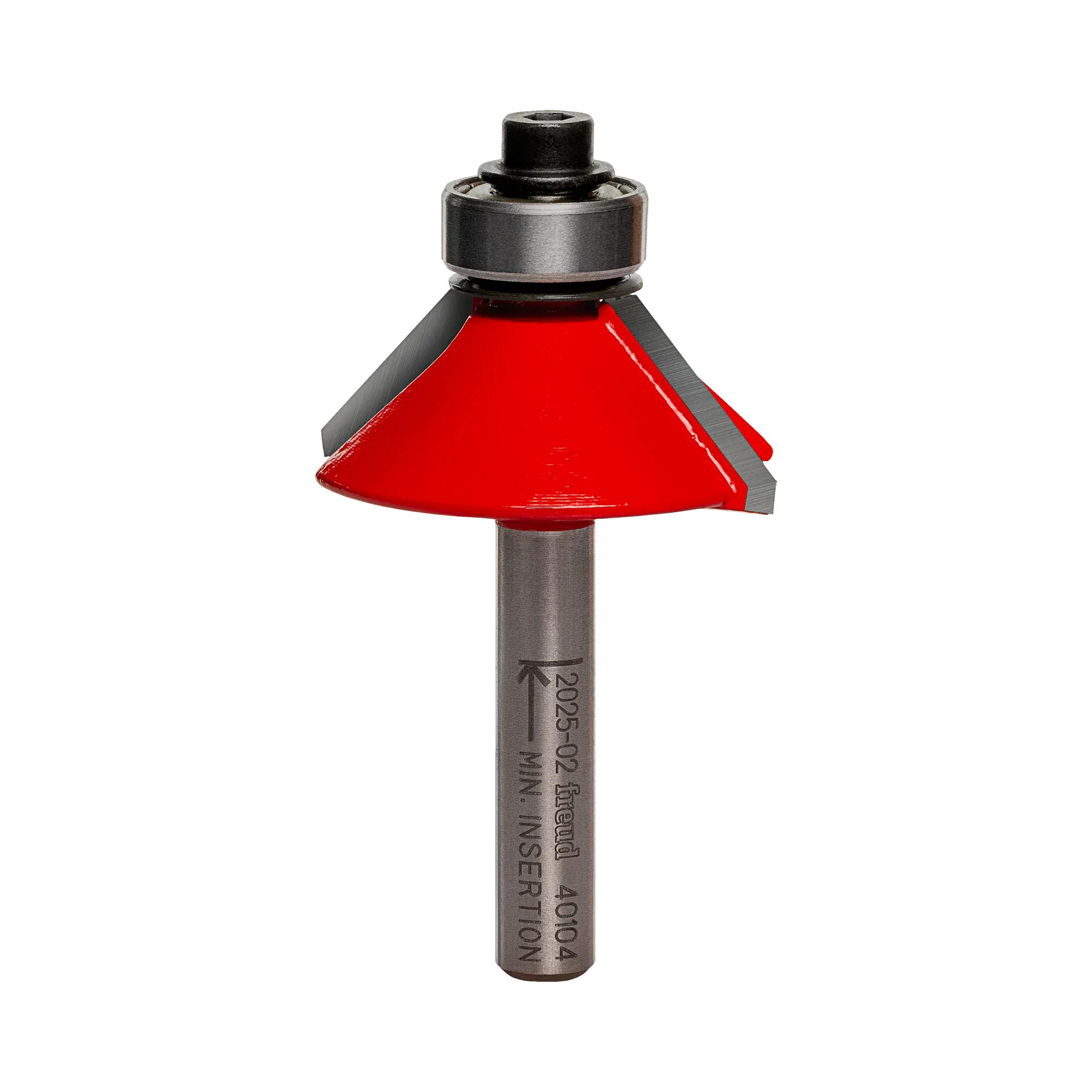 Studio shot of the Freud 40-104 45-Degree Chamfer router bit featuring a red Perma-SHIELD body, two carbide cutters, 1/4 inch silver shank, and top ball bearing guide.