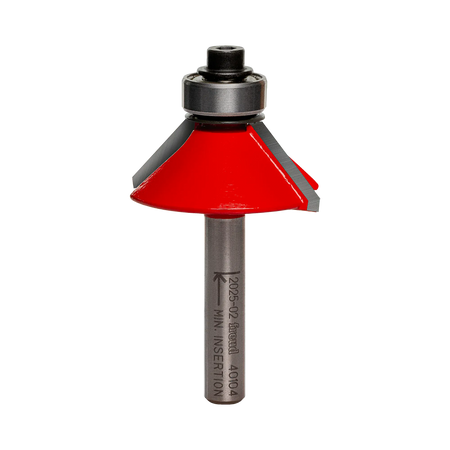 Studio shot of the Freud 40-104 45-Degree Chamfer router bit featuring a red Perma-SHIELD body, two carbide cutters, 1/4 inch silver shank, and top ball bearing guide.