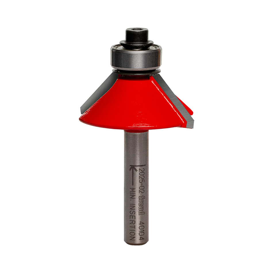 Studio shot of the Freud 40-104 45-Degree Chamfer router bit featuring a red Perma-SHIELD body, two carbide cutters, 1/4 inch silver shank, and top ball bearing guide.