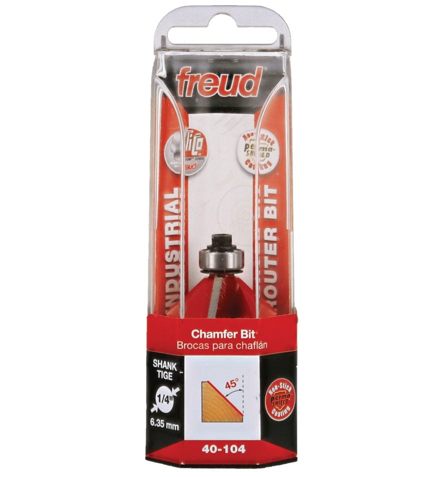 Retail packaging for the Freud 40-104 Chamfer Bit, displaying the bit inside a plastic case with text indicating a 45-degree angle and 1/4 inch shank.