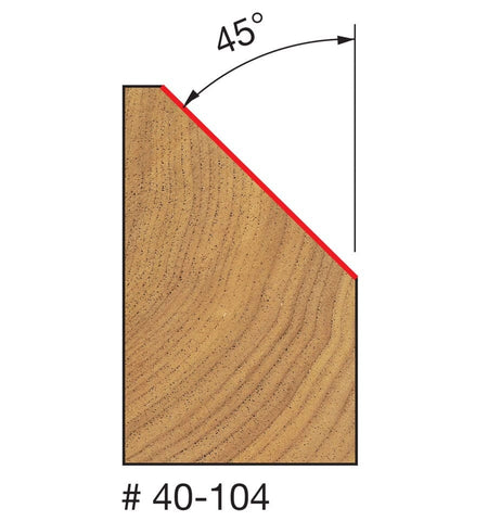 Technical profile diagram illustrating the 45-degree Chamfer shape cut into a wood edge by the Freud 40-104 bit, specifying a 45-degree angle off vertical.
