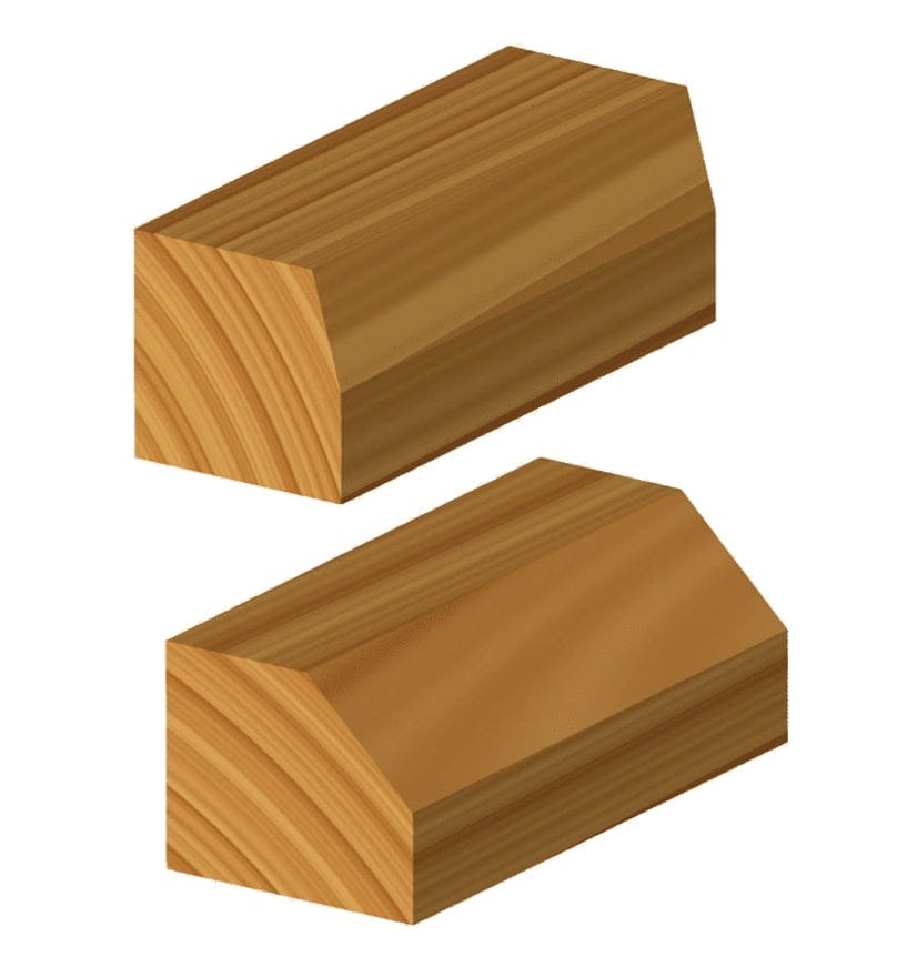 Illustration of wooden blocks displaying the clean, angled chamfered edge created by the router bit for joinery or decorative easing.