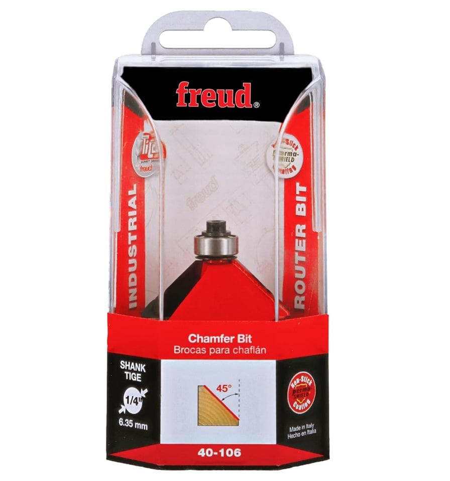 Product packaging for the Freud 40-106 industrial chamfer router bit featuring a 45-degree angle, 1/4-inch shank, and red Perma-SHIELD non-stick coating for professional woodworking and joinery.