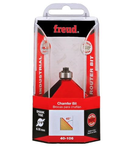Product packaging for the Freud 40-106 industrial chamfer router bit featuring a 45-degree angle, 1/4-inch shank, and red Perma-SHIELD non-stick coating for professional woodworking and joinery.